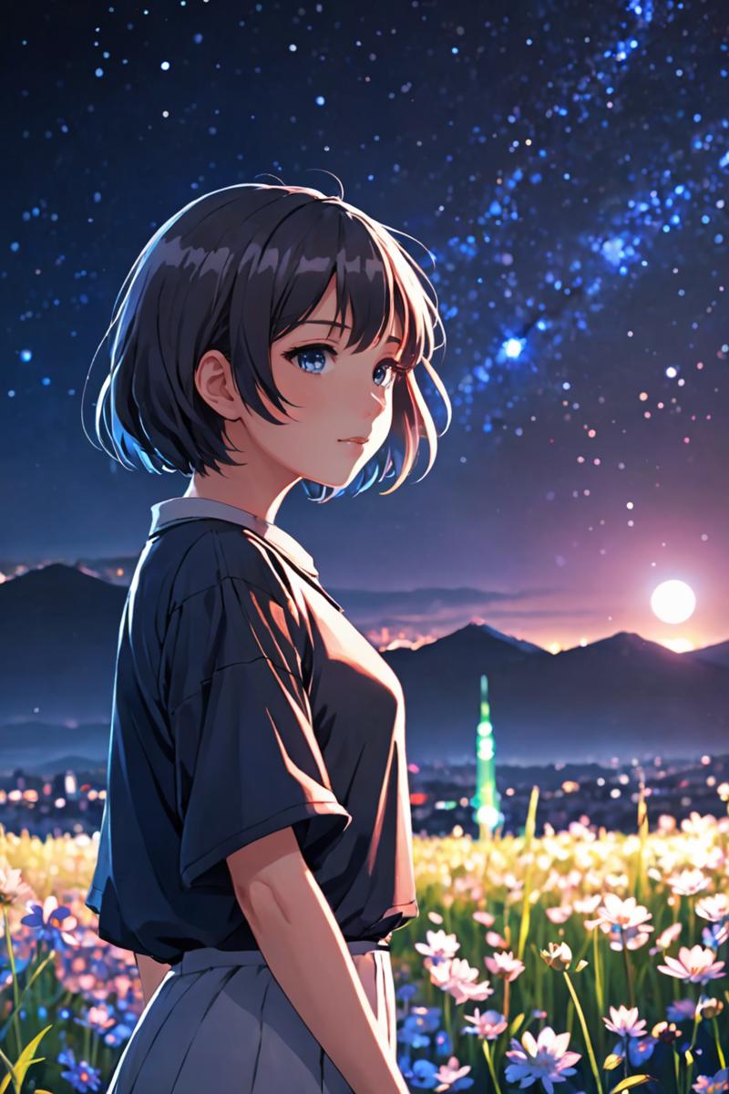 14625-482635063-anime girl, night, blue light behind her, ((Galaxy, Lens flare)), short hair, flower field, night sky, cinematic shot. Wallpaper.png